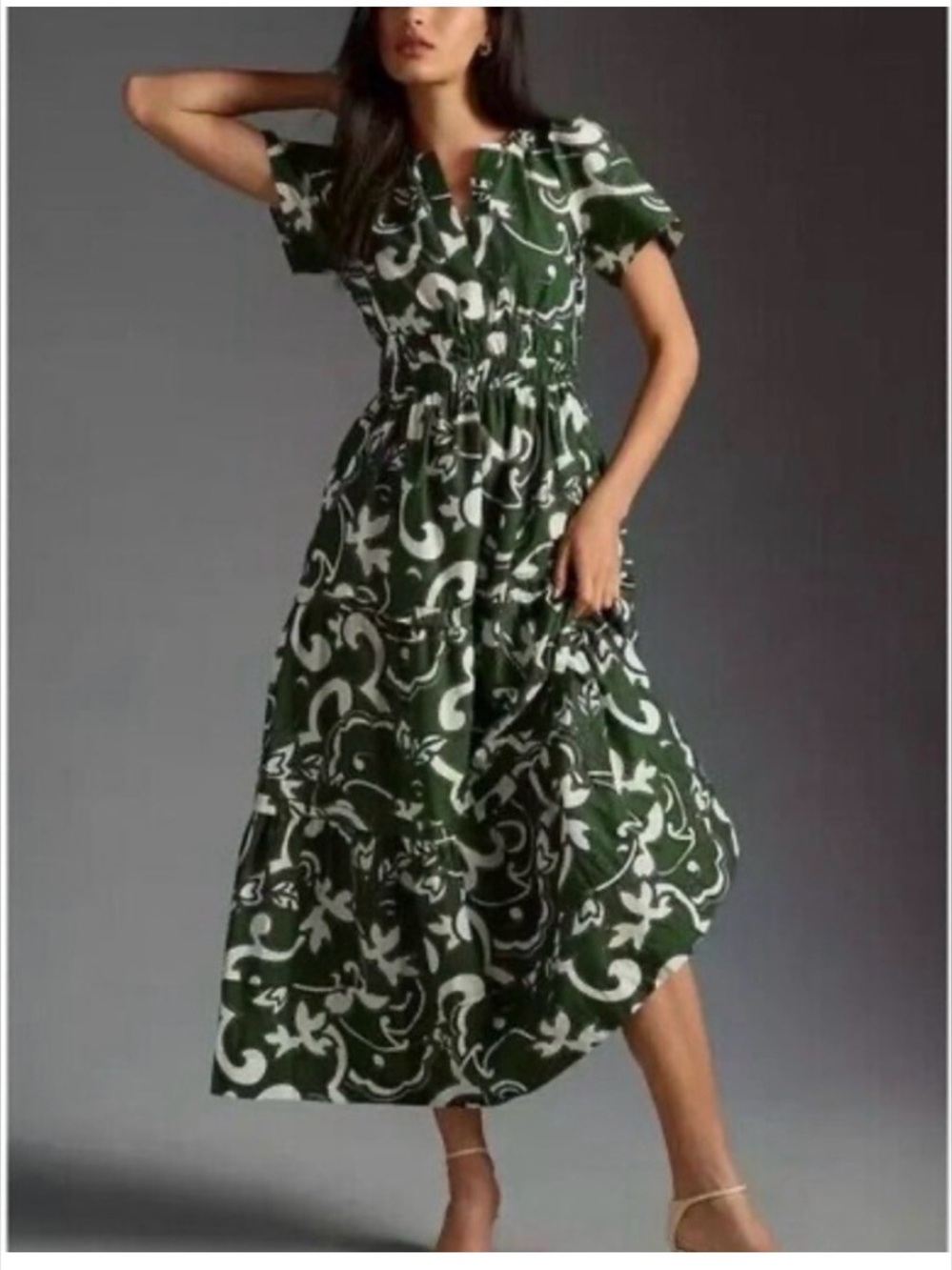 Anthropologie Green and White Printed Tiered Midi Dress Size L